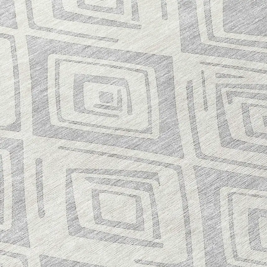 8' Pewter And Ivory Round Geometric Washable Indoor Outdoor Area Rug Photo 9