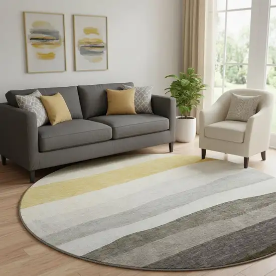 8' Pewter And Ivory Striped Washable Round Rug With UV Protection Photo 2