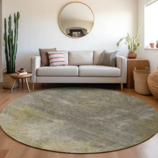 8' Pewter And Light Yellow Round Abstract Washable Indoor Outdoor Area Rug Photo 8