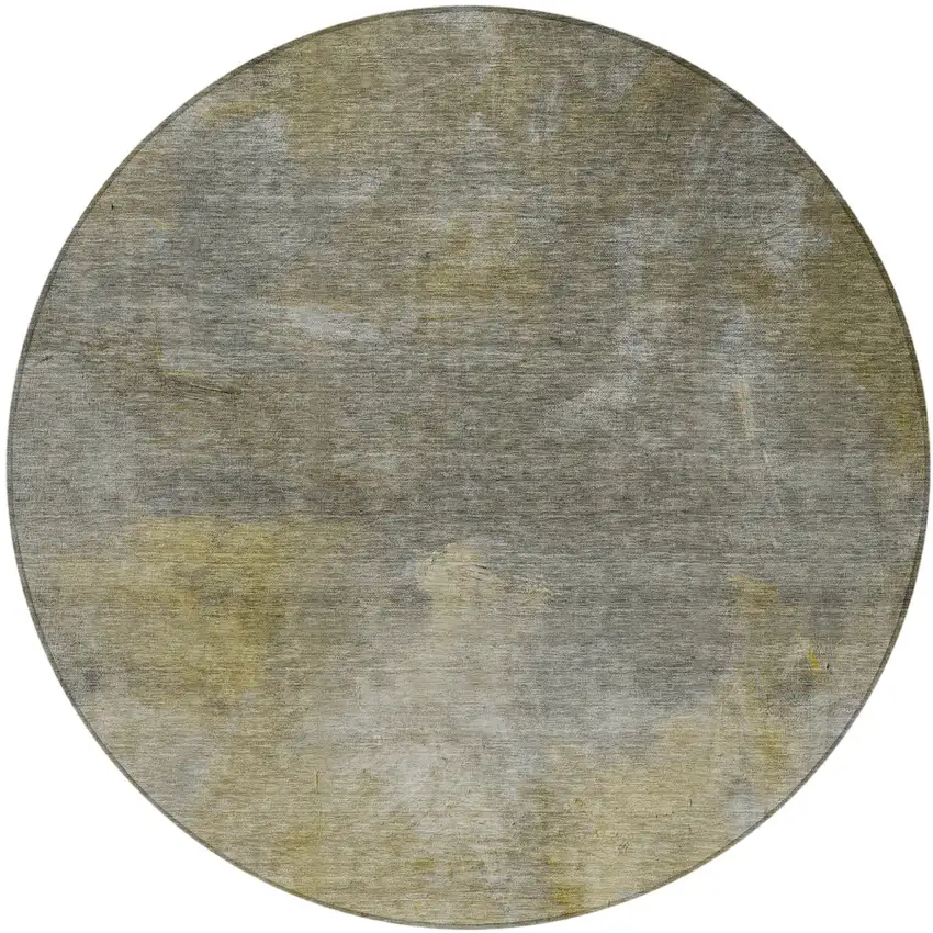 8' Pewter And Light Yellow Round Abstract Washable Indoor Outdoor Area Rug Photo 2