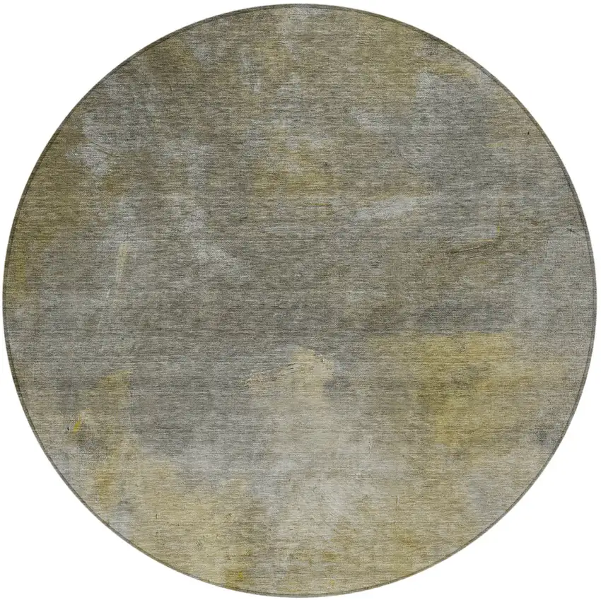 8' Pewter And Light Yellow Round Abstract Washable Indoor Outdoor Area Rug Photo 6