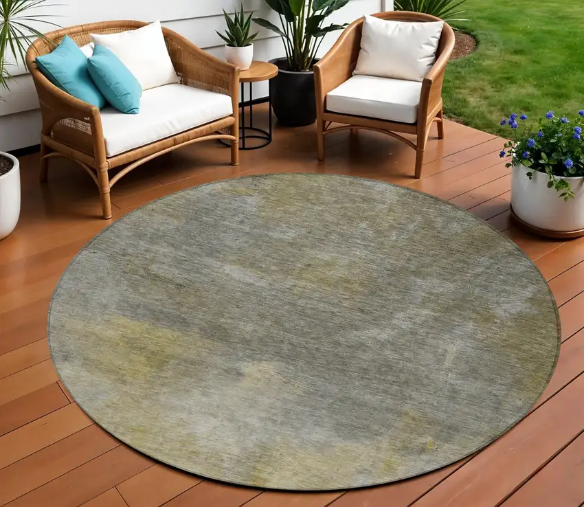 8' Pewter And Light Yellow Round Abstract Washable Indoor Outdoor Area Rug Photo 1