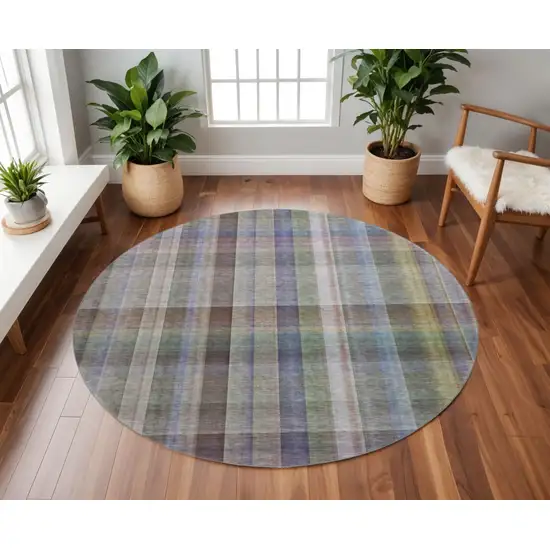 8' Pewter And Purple Plaid Washable Round Rug With UV Protection Photo 3