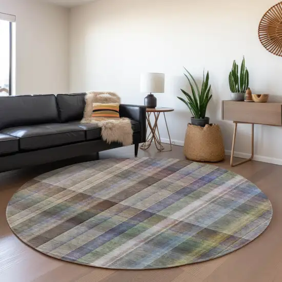 8' Pewter And Purple Plaid Washable Round Rug With UV Protection Photo 6