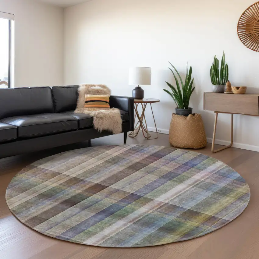 8' Pewter And Purple Plaid Washable Round Rug With UV Protection Photo 6
