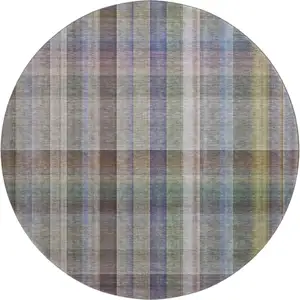 Photo of 8' Pewter And Purple Plaid Washable Round Rug With UV Protection