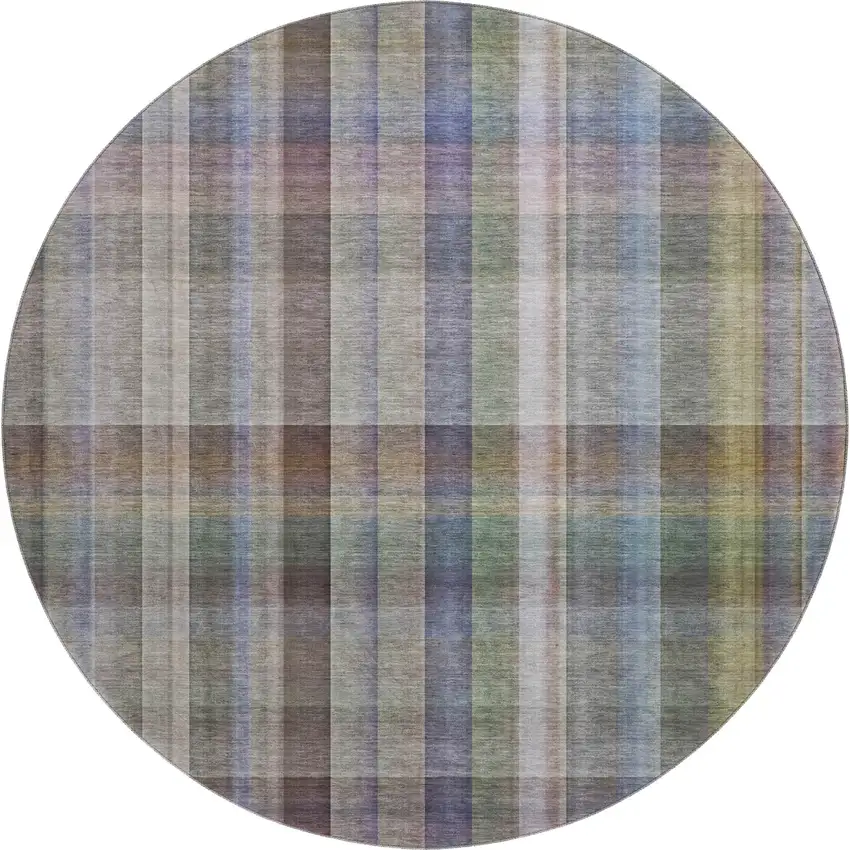 8' Pewter And Purple Plaid Washable Round Rug With UV Protection Photo 1
