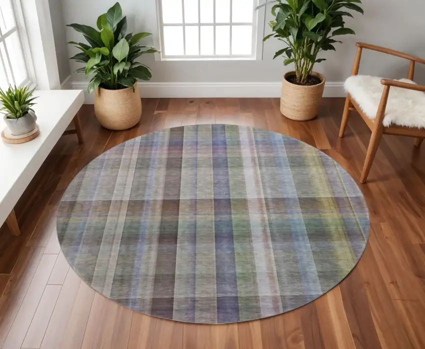 8' Pewter And Purple Plaid Washable Round Rug With UV Protection Photo 2