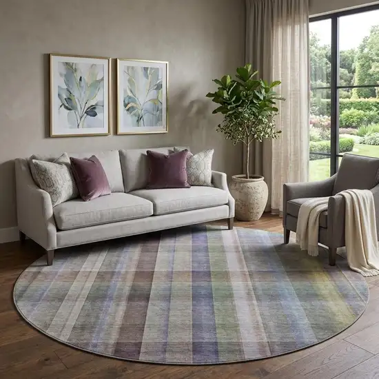 8' Pewter And Purple Plaid Washable Round Rug With UV Protection Photo 1