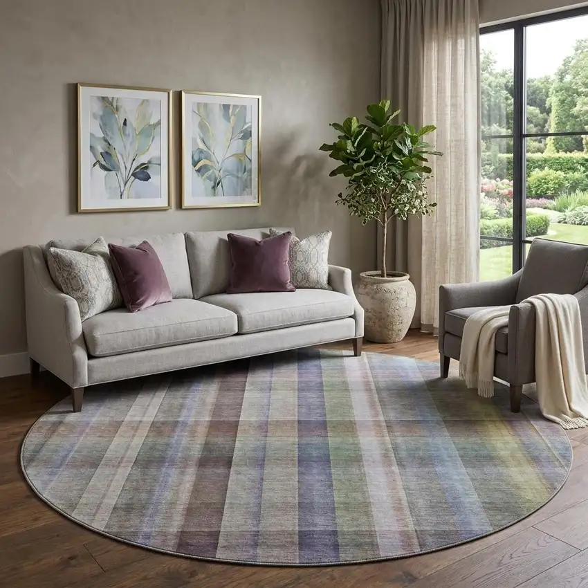 8' Pewter And Purple Plaid Washable Round Rug With UV Protection Photo 1
