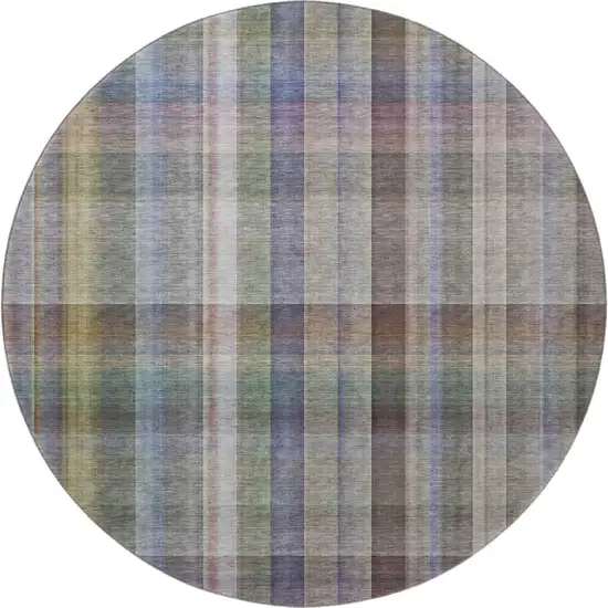 8' Pewter And Purple Plaid Washable Round Rug With UV Protection Photo 5
