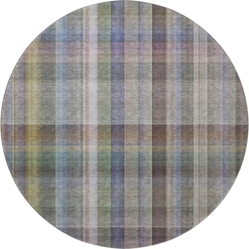 8' Pewter And Purple Plaid Washable Round Rug With UV Protection Photo 5