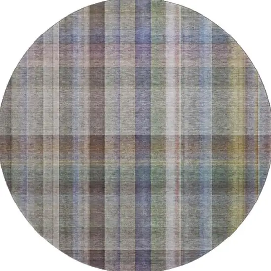 8' Pewter And Purple Plaid Washable Round Rug With UV Protection Photo 4