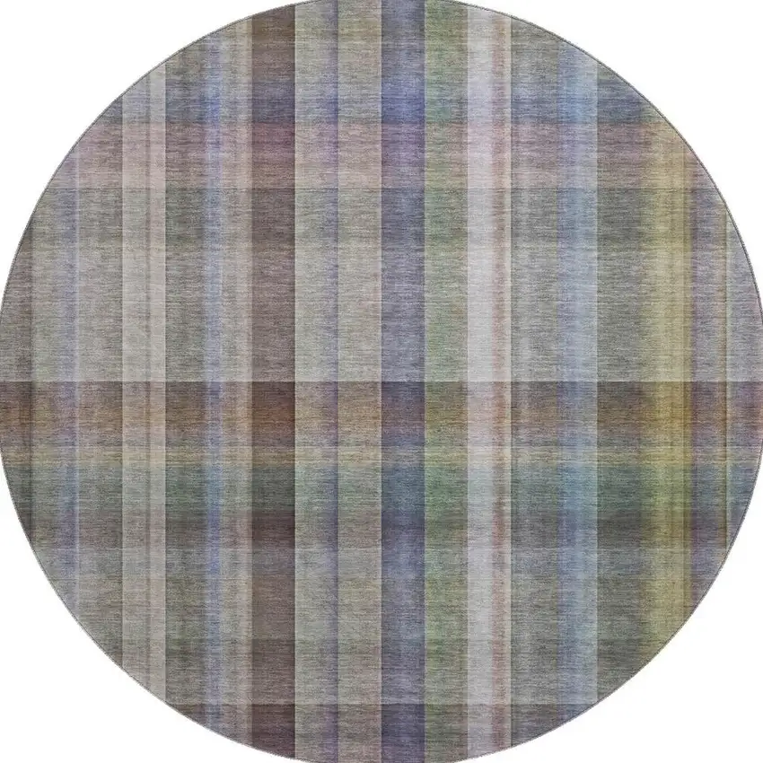 8' Pewter And Purple Plaid Washable Round Rug With UV Protection Photo 4