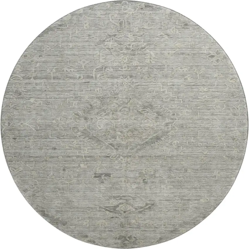 8' Pewter And Silver Medallion Washable Round Rug With UV Protection Photo 1