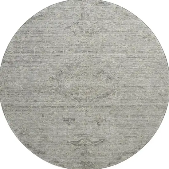 8' Pewter And Silver Medallion Washable Round Rug With UV Protection Photo 3