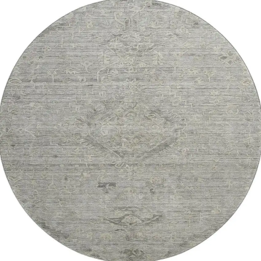 8' Pewter And Silver Medallion Washable Round Rug With UV Protection Photo 3