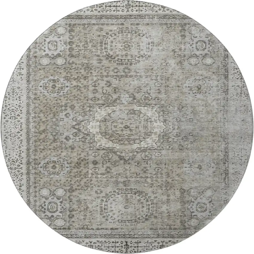 8' Pewter And Silver Oriental Washable Round Rug With UV Protection Photo 3