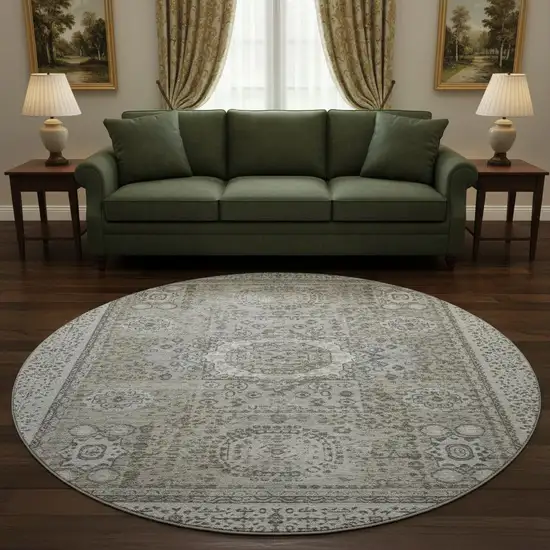 8' Pewter And Silver Oriental Washable Round Rug With UV Protection Photo 2