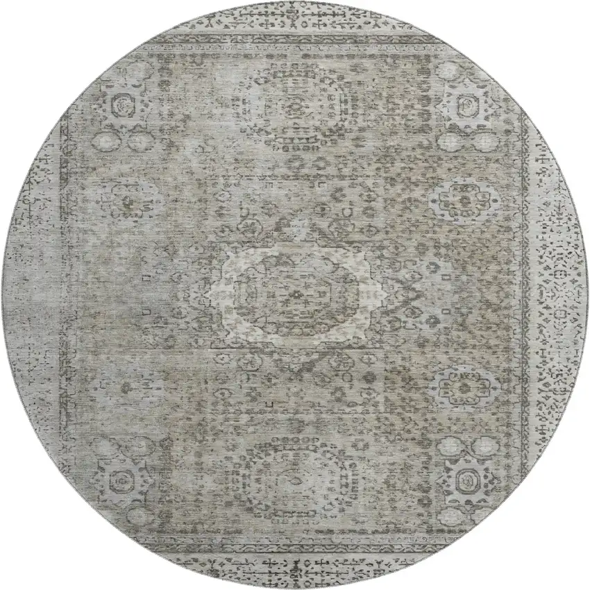 8' Pewter And Silver Oriental Washable Round Rug With UV Protection Photo 1