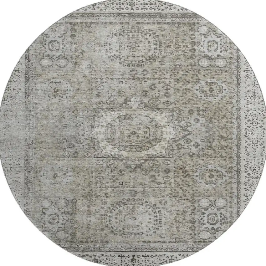 8' Pewter And Silver Oriental Washable Round Rug With UV Protection Photo 2