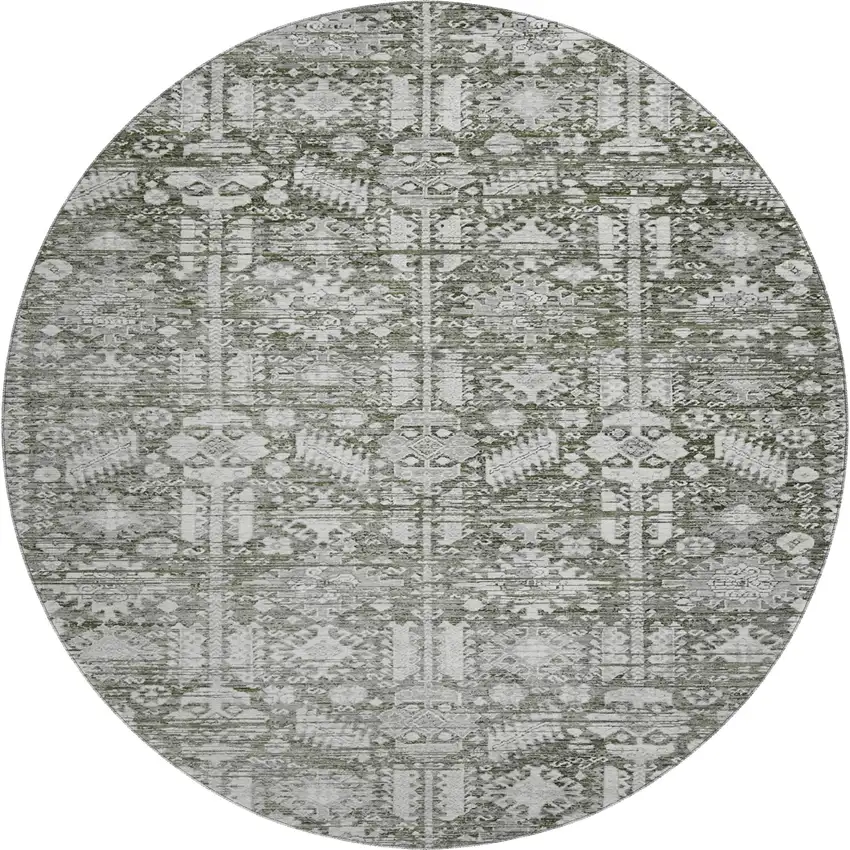 8' Pewter And Silver Oriental Washable Round Rug With UV Protection Photo 1