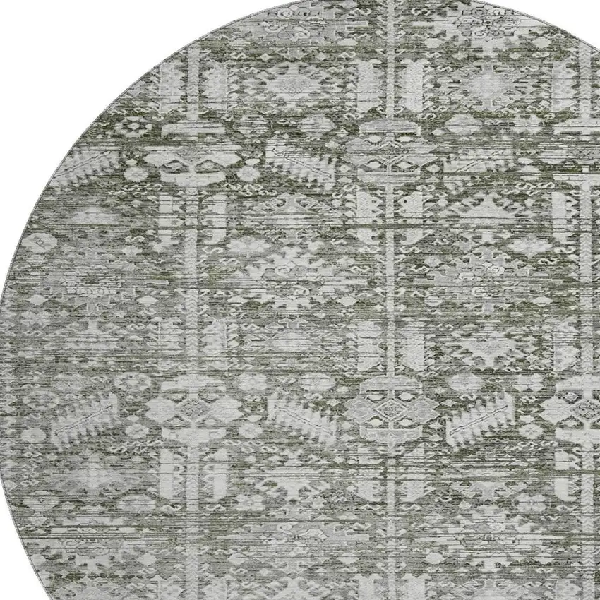 8' Pewter And Silver Oriental Washable Round Rug With UV Protection Photo 2