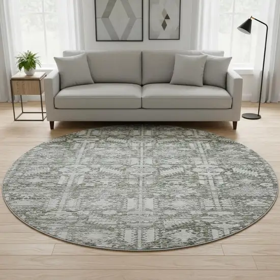 8' Pewter And Silver Oriental Washable Round Rug With UV Protection Photo 2