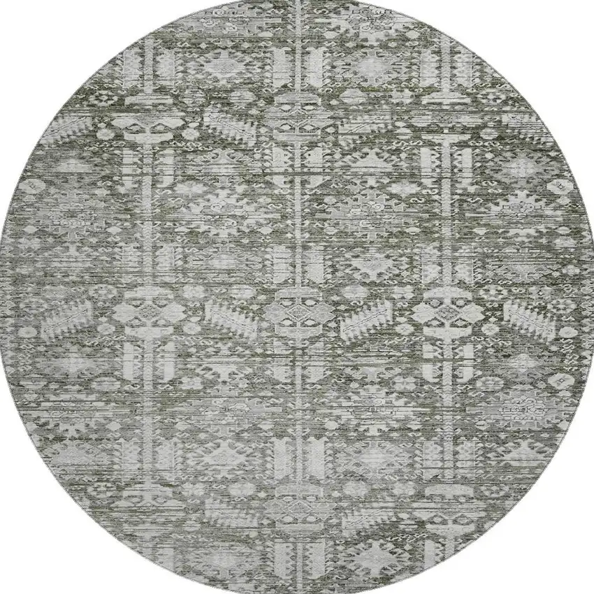 8' Pewter And Silver Oriental Washable Round Rug With UV Protection Photo 3