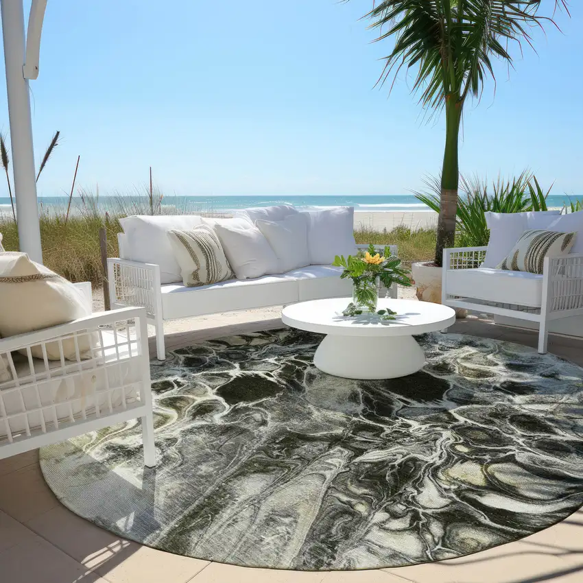 8' Pewter And Silver Round Abstract Washable Indoor Outdoor Area Rug Photo 5