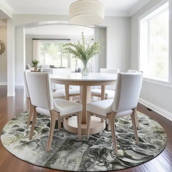 8' Pewter And Silver Round Abstract Washable Indoor Outdoor Area Rug Photo 6