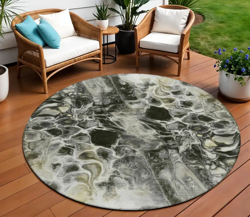 8' Pewter And Silver Round Abstract Washable Indoor Outdoor Area Rug Photo 2