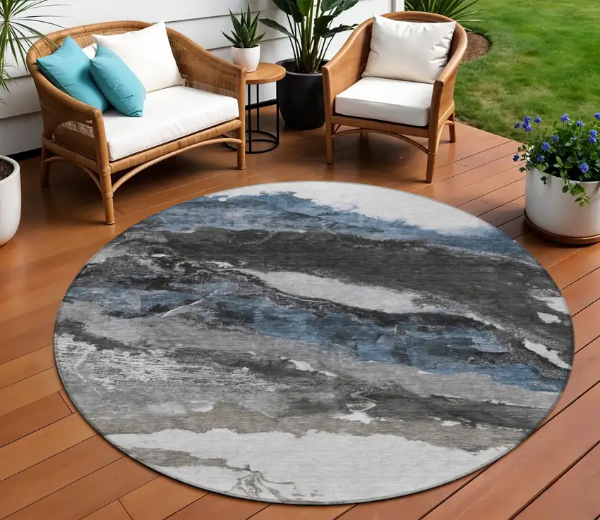 8' Pewter And Silver Round Abstract Washable Indoor Outdoor Area Rug Photo 2