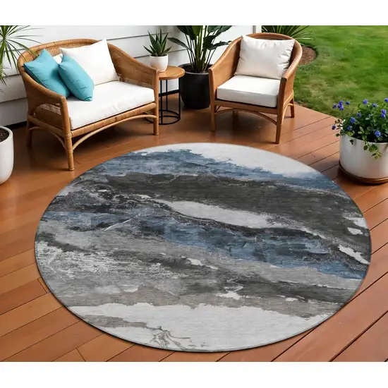 8' Pewter And Silver Round Abstract Washable Indoor Outdoor Area Rug Photo 2