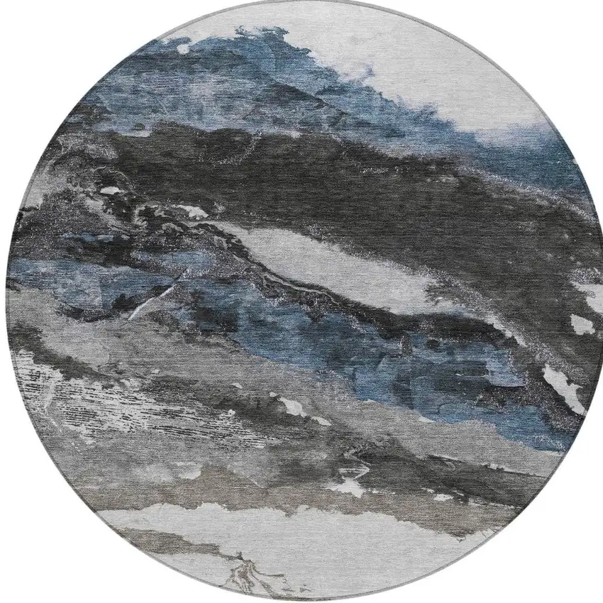 8' Pewter And Silver Round Abstract Washable Indoor Outdoor Area Rug Photo 7