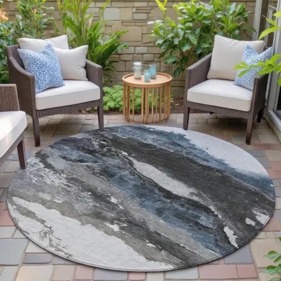 8' Pewter And Silver Round Abstract Washable Indoor Outdoor Area Rug Photo 6