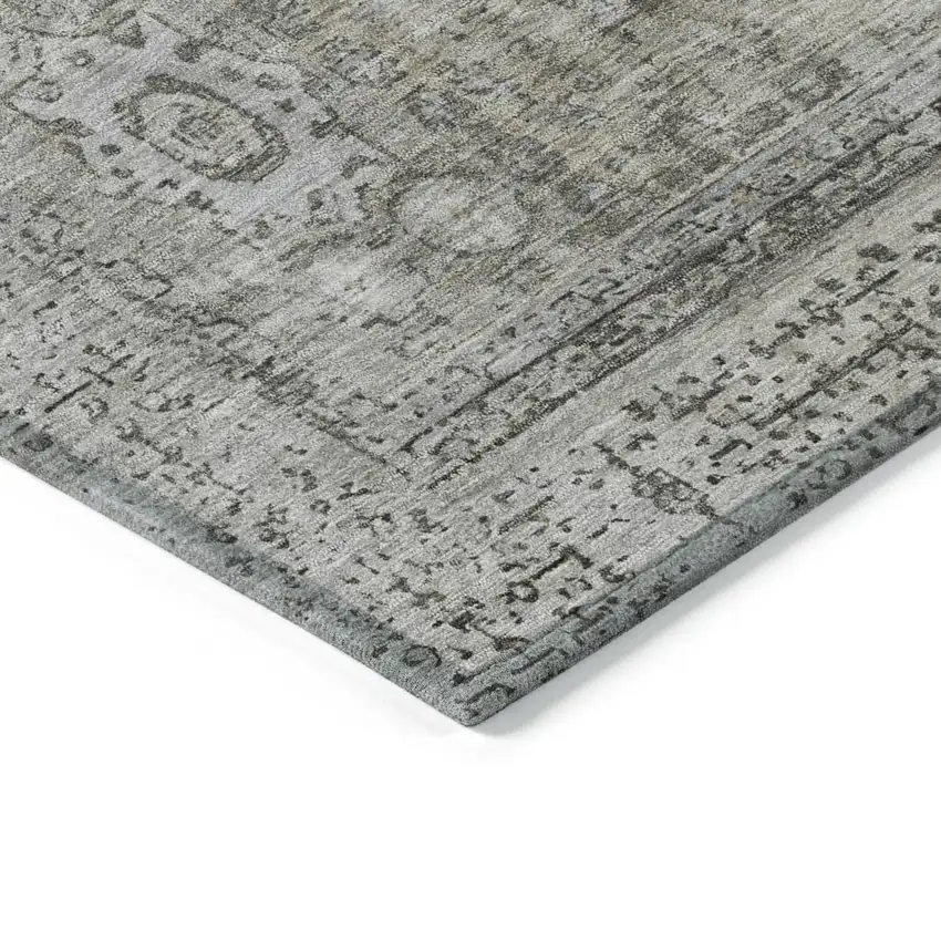 8' Pewter And Silver Round Floral Medallion Washable Indoor Outdoor Area Rug Photo 9