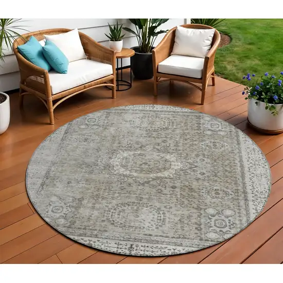 8' Pewter And Silver Round Floral Medallion Washable Indoor Outdoor Area Rug Photo 2