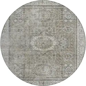 Photo of 8' Pewter And Silver Round Floral Medallion Washable Indoor Outdoor Area Rug