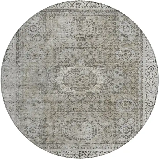8' Pewter And Silver Round Floral Medallion Washable Indoor Outdoor Area Rug Photo 1