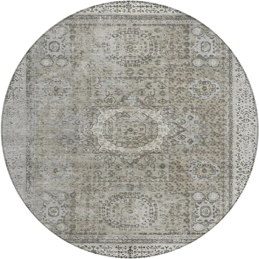 8' Pewter And Silver Round Floral Medallion Washable Indoor Outdoor Area Rug Photo 1