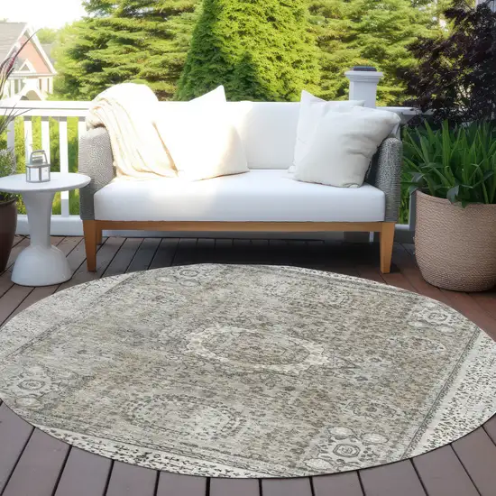 8' Pewter And Silver Round Floral Medallion Washable Indoor Outdoor Area Rug Photo 5