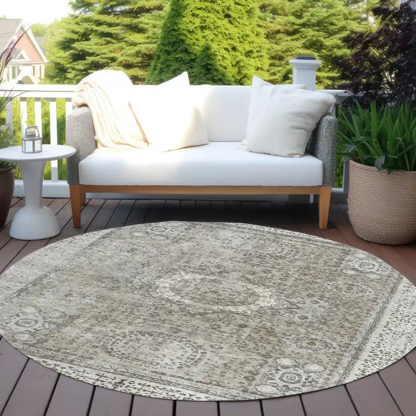 8' Pewter And Silver Round Floral Medallion Washable Indoor Outdoor Area Rug Photo 5
