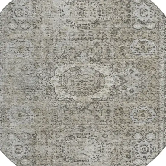 8' Pewter And Silver Round Floral Medallion Washable Indoor Outdoor Area Rug Photo 7