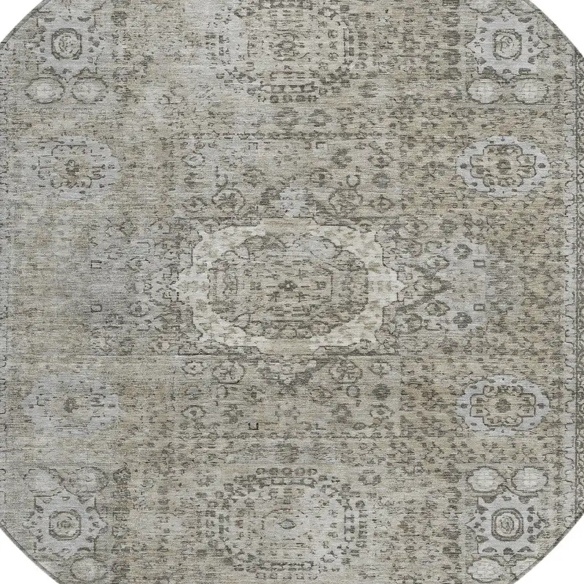 8' Pewter And Silver Round Floral Medallion Washable Indoor Outdoor Area Rug Photo 7