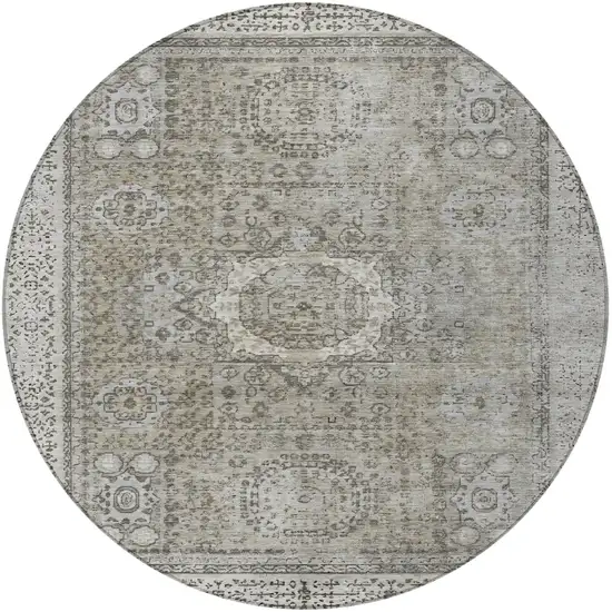 8' Pewter And Silver Round Floral Medallion Washable Indoor Outdoor Area Rug Photo 4