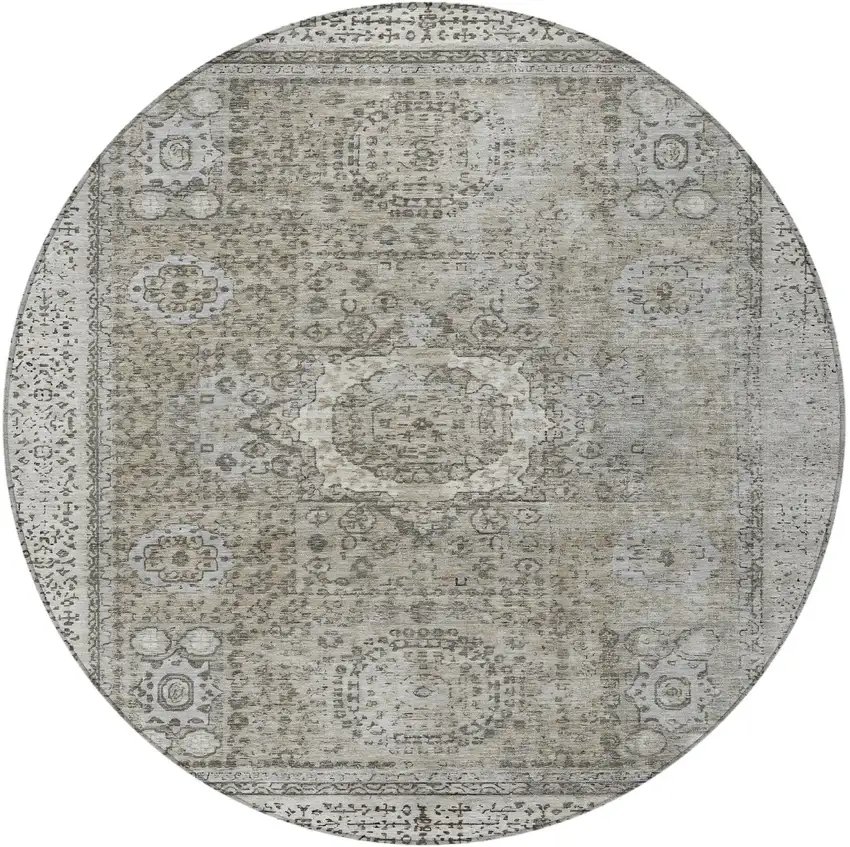 8' Pewter And Silver Round Floral Medallion Washable Indoor Outdoor Area Rug Photo 4