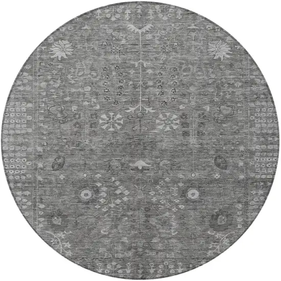 8' Pewter And Silver Round Floral Washable Indoor Outdoor Area Rug Photo 5