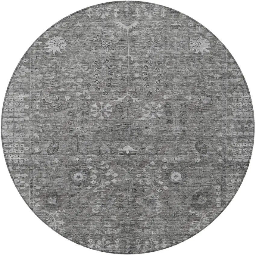 8' Pewter And Silver Round Floral Washable Indoor Outdoor Area Rug Photo 5