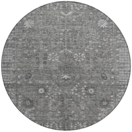 8' Pewter And Silver Round Floral Washable Indoor Outdoor Area Rug Photo 4